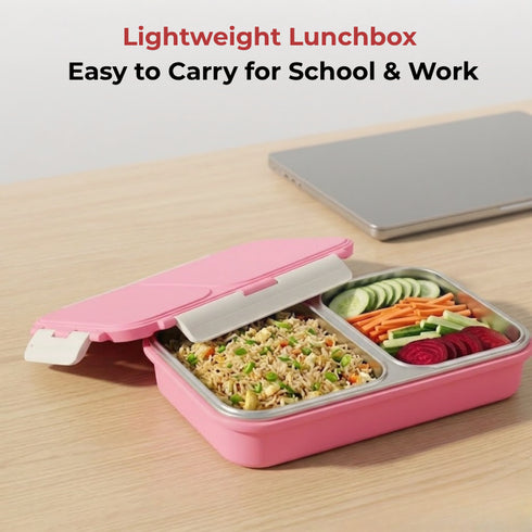 Vinod Stainless Steel Tiffin 2 Compartment Pink Airtight Silicone Sealed Lid Insulated Leak Proof Easy to Clean and Rust Free