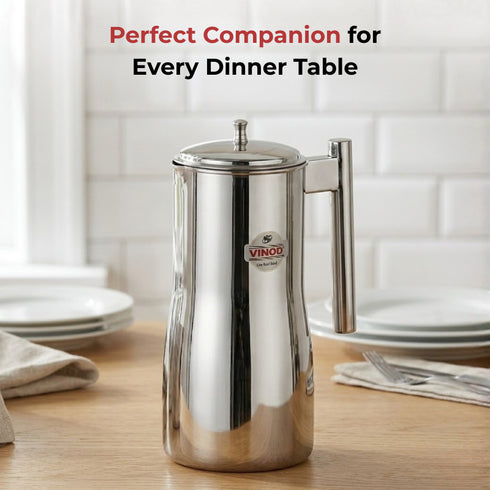 Vinod Stainless Steel Magnum Water Pitcher Jug with Cover 1700 ml Mirror Finish Sturdy Tough Build Dishwasher Safe Leak Free