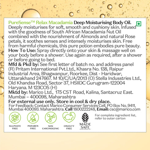 PureSense Relaxing Macadamia Deep Moisturising Body Oil | From the makers of Parachute Advansed