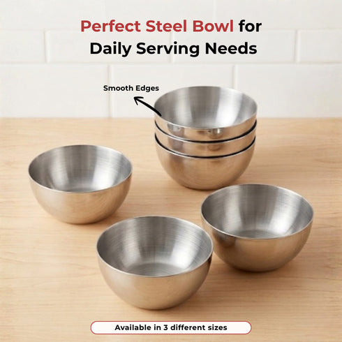 Vinod Stainless Steel Two Tone Bowl Set of 6 Pieces 250 ml Highest Grade Steel Tough and Strong Dishwasher Safe Rust Free