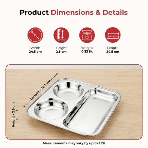 Vinod Stainless Steel 3 In 1 Compartment Plate with Round Edges Pav Bhaji Plate Idli Sambhar Plate Lunch Dinner Plate Pack of 2