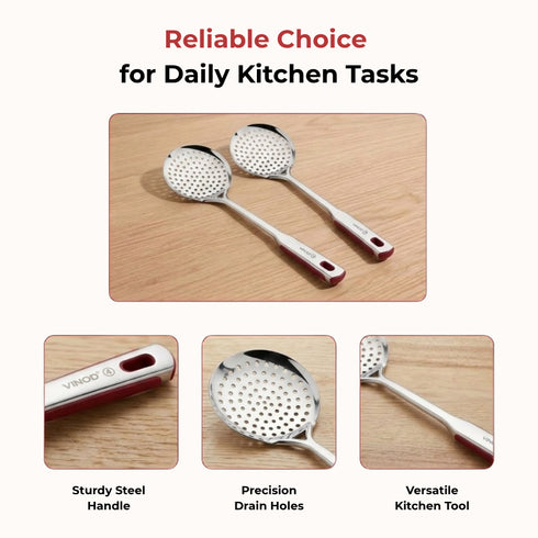 Vinod Stainless Steel Queens Perforated Skimmer Heavy Gauge Strainer Jhara 38.5 cm I Set of 2 I no 2