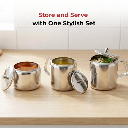 Vinod Stainless Steel 3 Piece Medium Tea Pot Set 750 ml Tea Pot 250 ml Milk Pot and 250 ml Sugar Pot Highest Grade Steel Mirror Finish Rust Free