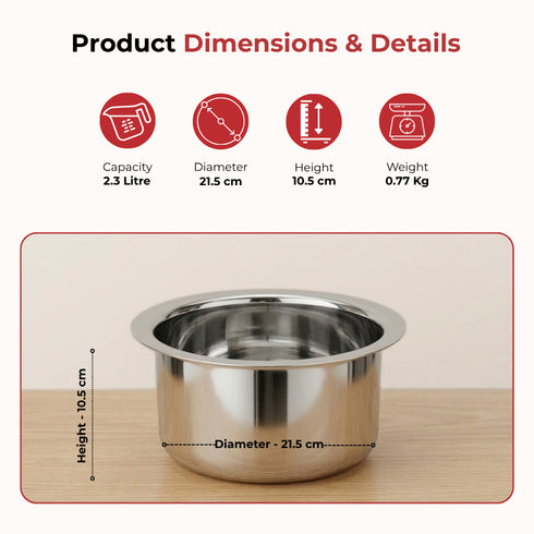 Vinod Stainless Steel Induction Friendly Flat Bottom Cooking Tope With 1.5mm Thickness 18 Gauge Durable Steel 3 Pcs Capacity 1400ml 1800ml and 2300ml No 11 to 13