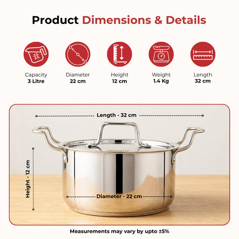 Vinod Doniv Majestic Stainless Steel Sandwich Bottom Sauce Pot With Lid 22 cm 4.5 ltr Induction Friendly