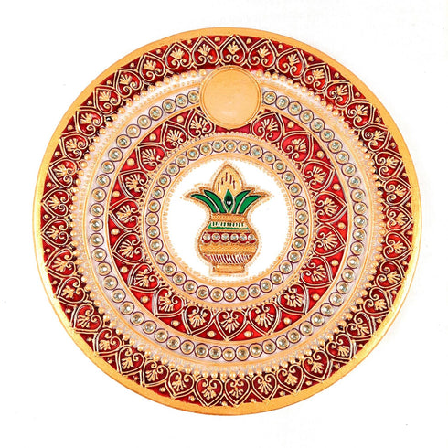 Designer Pooja Plate with Green and White Stones