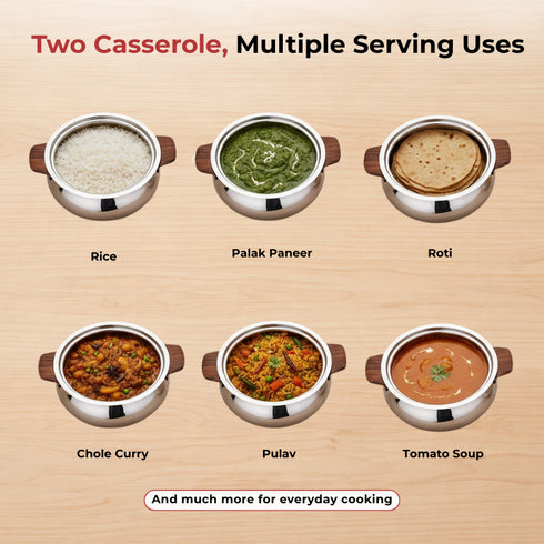 Vinod Stainless Steel Aroma Insulated Casserole with Glass Lid and Wooden Knob Set of 2 Pcs Capacity 750 ml and 1250 ml