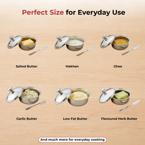 Vinod Stainless Steel Butter Pot with Butter Knife and Lid 100 gram Capacity Highest Grade Steel Rust Free Dishwasher Safe Tough Build