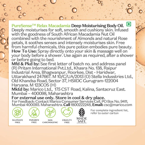 PureSense Relaxing Macadamia Deep Moisturising Body Oil | From the makers of Parachute Advansed
