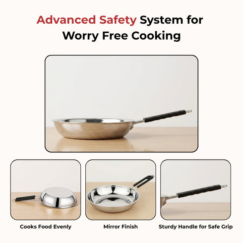 Vinod Stainless Steel Heavy Bottom Royal Fry Pan Dishwasher Safe Gas Stove and Induction Compatible Durable 20 Cm Frying Pan Soft Touch Handle Kitchen Utensil