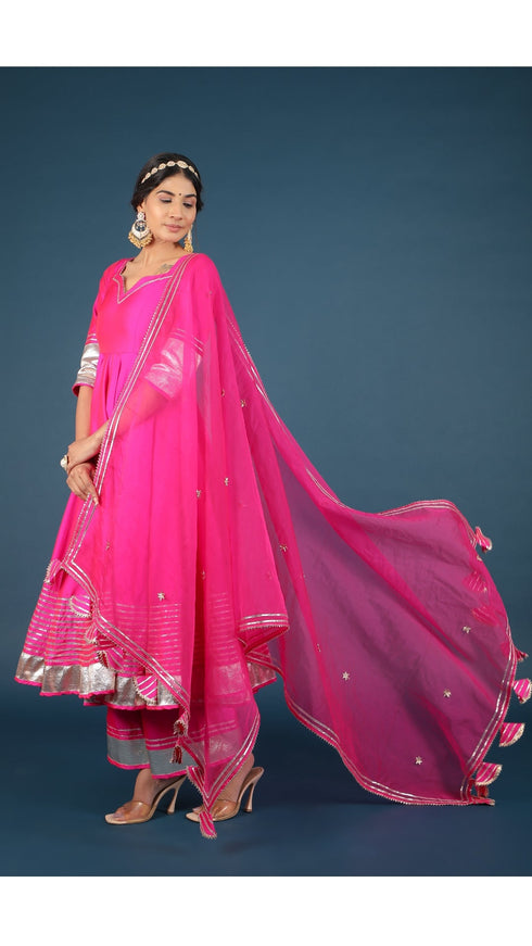 Pomcha Jaipur Amber Hot Pink Taffeta Silk Anarkali Set