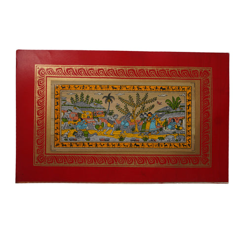 Palm Leaf Handmade Painting of Tribal Warli Village Life