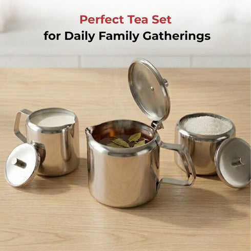 Vinod Stainless Steel 3 Piece Large Tea Set 1000 ml Tea Pot 250 ml Milk Pot 250 ml Sugar Pot Highest Grade Steel Mirror Finish Dishwasher Safe