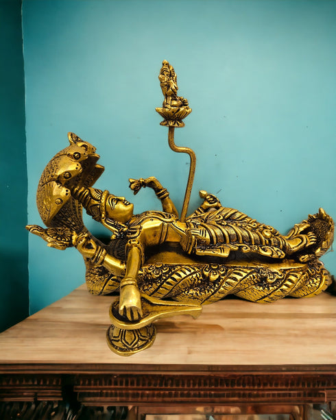 Tamas Brass Lord Vishnu Bhagwan Resting on Sheshnag Touching Shiva Lingam Brahma from Navel Statue/Idol