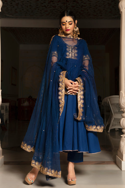 Pomcha Jaipur Minakari Blue Cotton Anarkali Set With Embroidery Lace Soft Net Dupatta