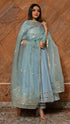 Pomcha Jaipur Powder Blue Pure Cotton Anarkali With Organza Dupatta Set