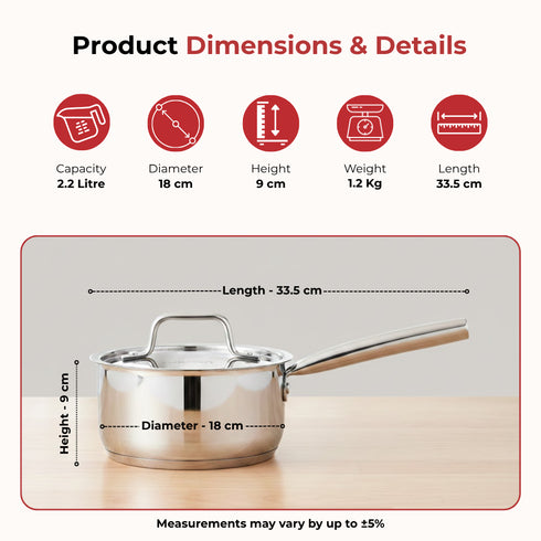 Vinod Doniv Stainless Steel Majestic Sandwich Bottom Sauce Pan 2.2 Liter 18 cms Induction Friendly