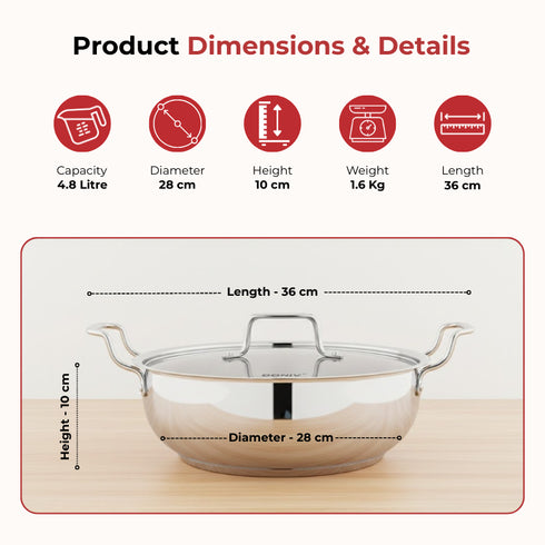 Vinod Doniv Stainless Steel Majestic Sandwich Bottom Kadai with Steel Lid 4.8 Liter 28 cm Induction Friendly