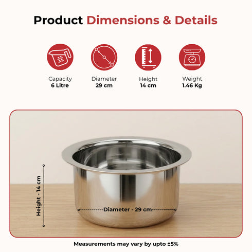 Vinod Stainless Steel Induction Friendly Flat Bottom Tope without Lid 6 Litre with Mirror Finish Strong and Durable Rust Free No 18