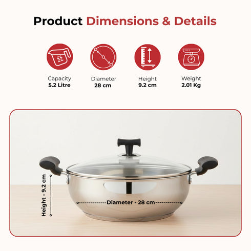 Vinod DONIV Stainless Steel Sorrento Sandwich Bottom Kadai with Steel Lid 28 cm Capacity 4.8 Liter Induction Friendly