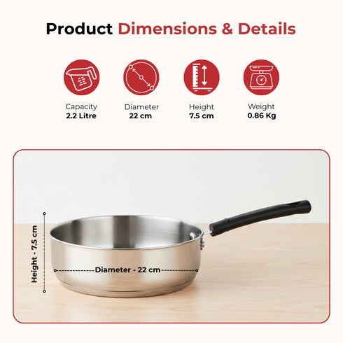 Vinod DONIV Stainless Steel Sandwich Bottom Solitaire Fry Pan 22 cms Induction Friendly Capacity 2.2 Liter