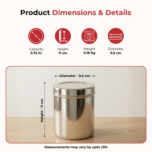Vinod Stainless Steel Deep Dabba Set of 3 350 ml 500 ml and 750 ml in Heavy Gauge Steel Airtight Lids Mirror Finish Rust Free