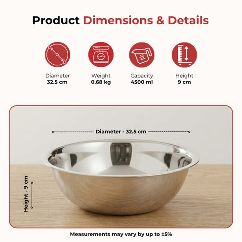 Vinod Stainless Steel Basin 4.5 Litre with Highest Grade Steel Tough and Strong Build Rust Free Diameter 32.50 cm No 16