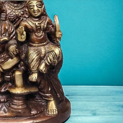 Tamas Brass Handcrafted Shiv Parivar Murti Statue / Idol with Antique Finish (Golden & Brown) (Pack of 1)