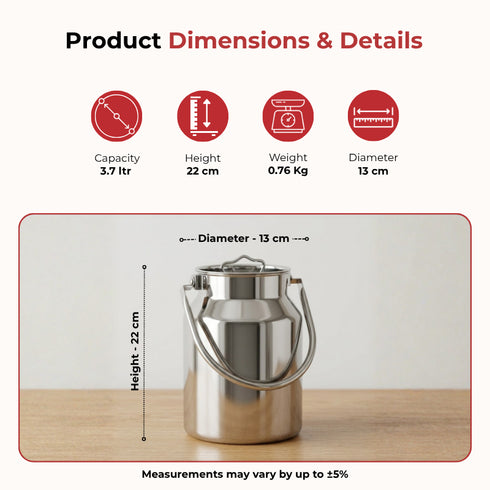 Vinod Stainless Steel Milk Can Barni Oil Can 3.7 Litre with Jointless Body Heavy Gauge Steel Glossy Finish and Non Reactive Surface