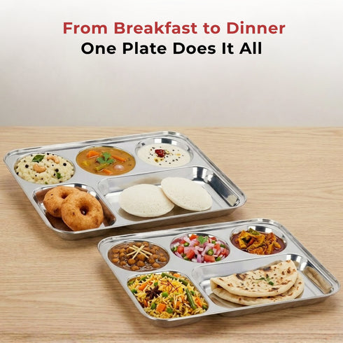 Vinod Stainless Steel 5 Compartment Plate with Round Edges Lunch and Dinner Plate Bhojan Thali High Quality Steel Rust Free Pack of 2