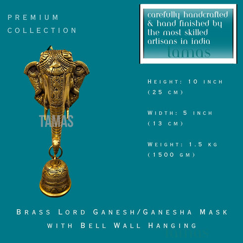 Tamas Brass Lord Ganesh/Ganesha Mask with Bell Wall Hanging Golden)
