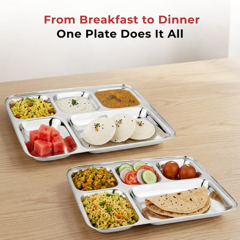 Vinod Stainless Steel 5 Compartment Plate with Square Edges Lunch and Dinner Plate Bhojan Thali High Quality Steel Rust Free Pack of 2