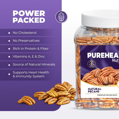 Pureheart Premium Pecan Nuts 180g | Premium Natural Pecans | Healthy Dry Fruits Snack | Rich in Protein | Fibre & Antioxidants | Ideal for Snacking & Baking