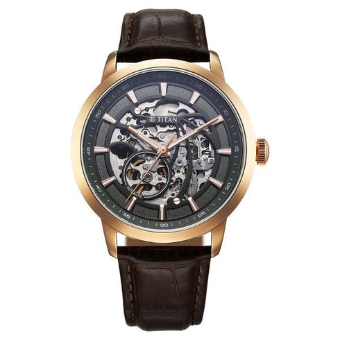 Titan Phoenix Skeletal Automatic Analog with Gun Dial Brown Leather Strap Watch for Men