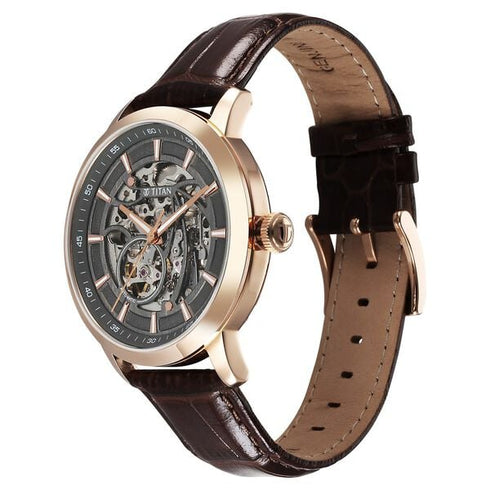 Titan Phoenix Skeletal Automatic Analog with Gun Dial Brown Leather Strap Watch for Men