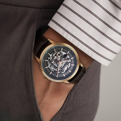 Titan Phoenix Skeletal Automatic Analog with Gun Dial Brown Leather Strap Watch for Men