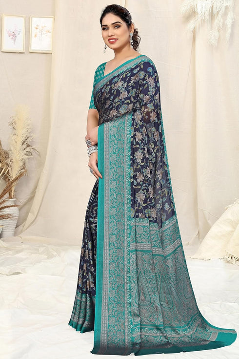 Vasthrlay Fashion Chiffon Printed Navy Ethnic Wear