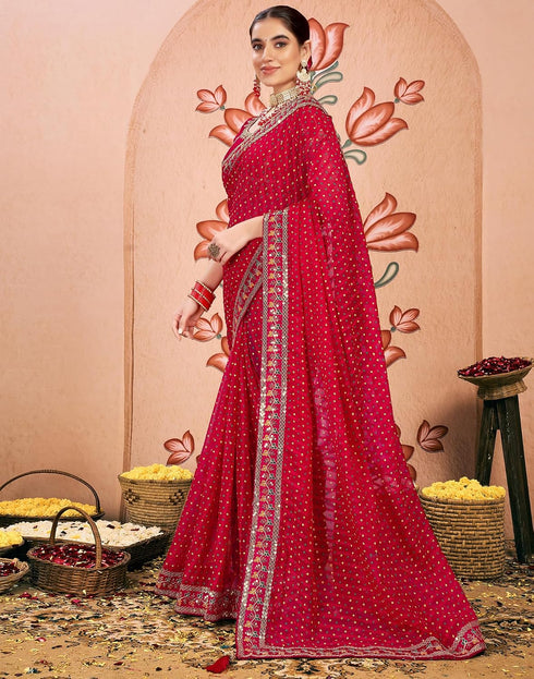 Vasthrlay Bandhani Embroidery Red Saree With Unstitched Blouse Piece