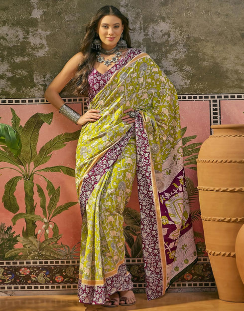 Vasthrlay Womens Printed Unstitched Maroon Saree