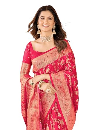 Vasthrlay Cotton Banarasi Silk Pink Saree For Women With Unstitched Blouse Piece