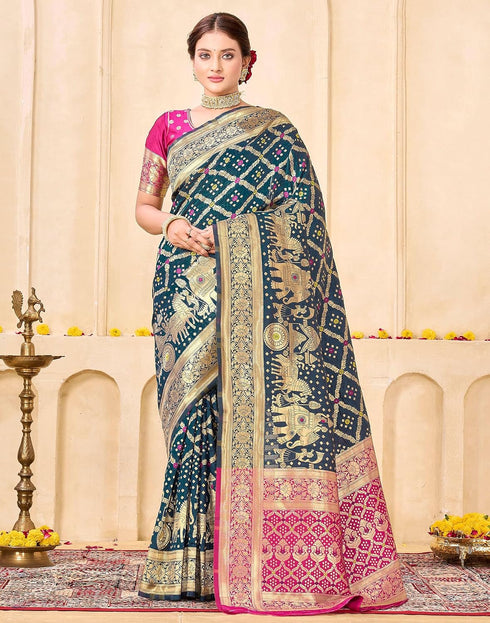 Vasthrlay Womens Weaving Navy Blue Saree With Pink Unstitched Blouse Piece