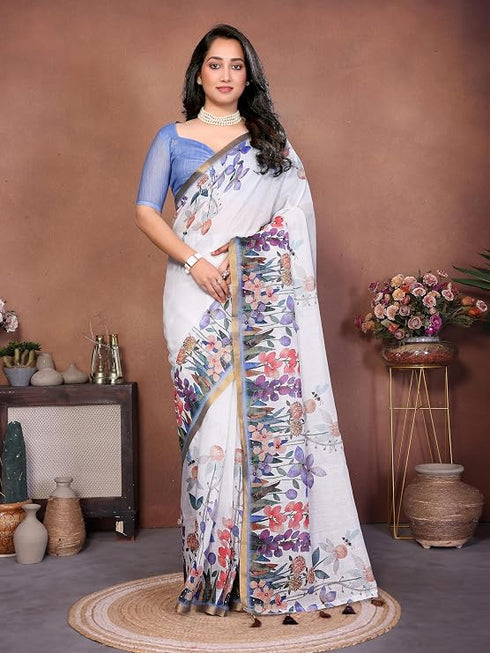 Vasthrlay White 3 Floral Printed Design Linen Saree With Solid Unstitched Linen Blouse Piece