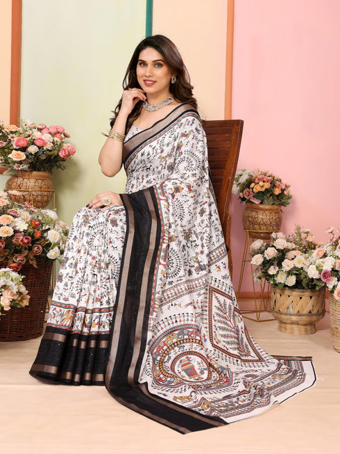 Vasthrlay White Sequins Unstitched Saree