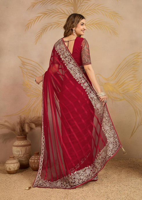 Vasthrlay Chiffon Embroidery Red Ethnic Wear