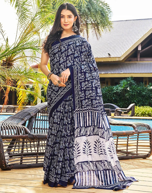 Vasthrlay Chanderi Bandhani Dark Blue Saree With Unstitched Blouse Piece