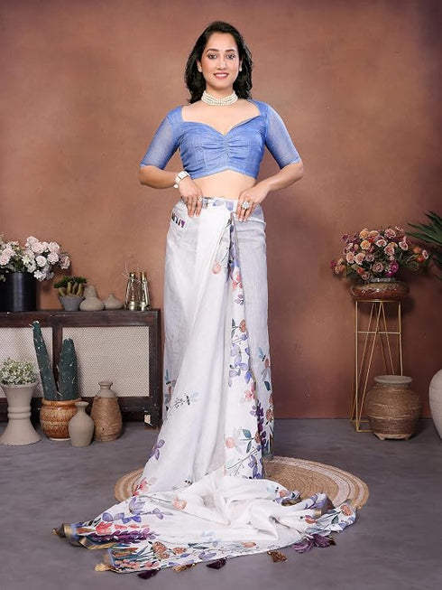 Vasthrlay White1 Womens Linen Ready To Wear Saree