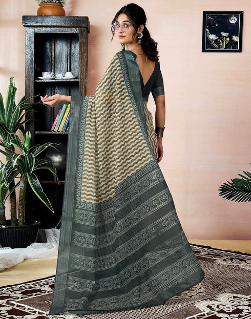 Vasthrlay Womens Printed Beige And Dark Dusty Green Saree With Unstitched Blouse Piece