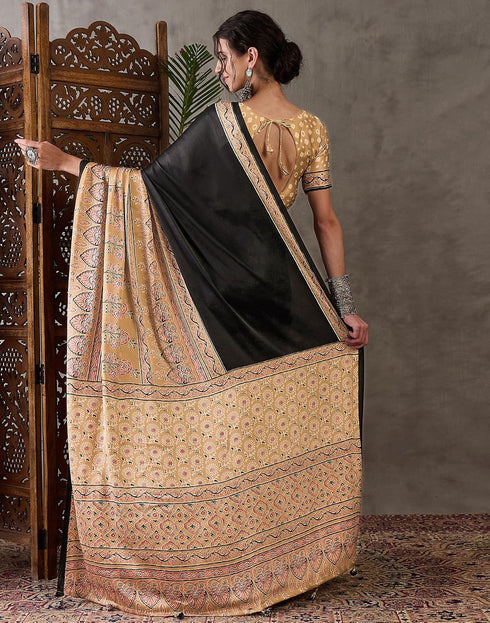 Vasthrlay Printed Tassels Black | Dark Beige Saree With Unstitched Blouse Piece