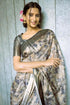 Vasthrlay Smoky Blue Abstract Floral Polyester Saree With Zari Border And Ruched Unstitched Blouse Piece
