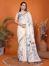 Vasthrlay Cream Kathakali Print Linen Saree With Gold Zari Border And Unstitched Blouse Piece